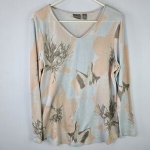 Chico's Womens Pullover Muted FloralKnit  V-Neck Sweater LongSleeve Peach/Turq 2